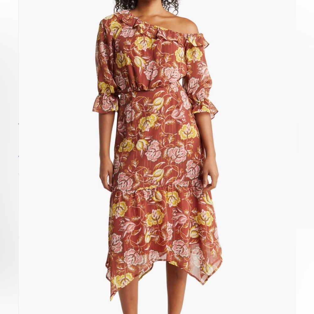 NWT collective concepts Rust Floral Midi Dress with Ruffled Hem